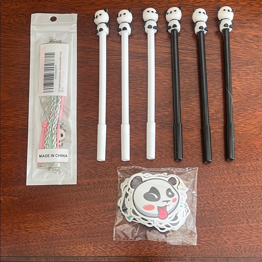 Lot of Panda Gifts: Bracelet, 6 Pens & Stickers; All unused